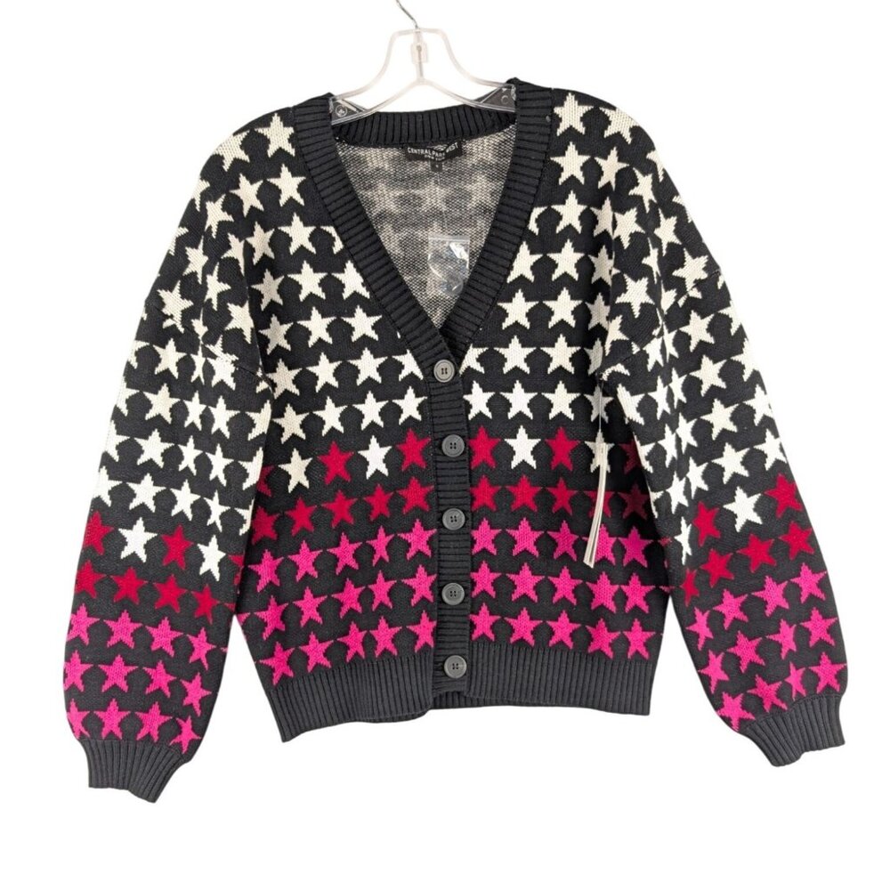 Central Park West Sweater Womens Small Black Red Pink Star Pattern Cardigan  NWT